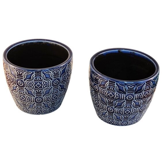 Blue Mediterranean Bell Ceramic Planter Decorative Set Of 2 Fits 4 Inch Pots Ind - Picture 2 of 9